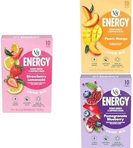 Bundle of V8 Energy Strawberry Lemonade, Peach Mango, & Pomegranate Blueberry Energy Drink Powder, .10 oz Packet (30 Count)