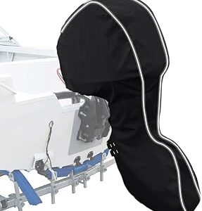 Upgraded 600D Fade and Tear Resistant Trailerable Full Outboard Motor Cover,Waterproof and UV-Proof Boat Motor Cover,Boat Engine Cover with Reflective Strips and Adjustable Strap(Fits 100-150 HP)