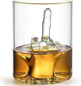 Middle Finger Funny Whiskey Glass – Premium Up Yours Funny Glass for Whiskey, Liquor – Luxurious Gold Rim – Home Bar Accessories Ideal for Man Cave, Fun Gag Gift Patent-Pending