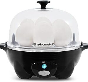 Elite Gourmet EGC-007B# Rapid Egg Cooker, 7 Easy-To-Peel, Hard, Medium, Soft Boiled Eggs, Poacher, Omelet Maker, Auto Shut-Off, Alarm, 16-Recipe Booklet, Black