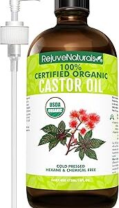 RejuveNaturals Castor Oil (16oz Glass Bottle) USDA Certified Organic, 100% Pure, Cold Pressed, Hexane Free. Boost Hair Growth for Thicker, Fuller Hair, Lashes & Eyebrows.