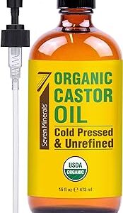Seven Minerals New 16 fl oz Glass Bottle Castor Oil Organic Cold Pressed Unrefined Glass Bottle Pack - 100% Pure USDA Certified Organic Hexane Free