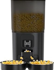 Black Automatic Cat Feeder for 2 Cats, 7L Timed Cat Dry Food Dispenser with 2 Stainless Steel Bowls, Programmable Control 1-12 Meals, Auto Pet Feeder Suitable for Multi-Pet Households