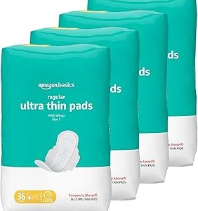 Amazon Basics Regular Absorbency Pads for Women, Ultra Thin with Flexi-Wings, Unscented, Size 1, 144 Count, (4 Packs of 36) (Previously Solimo)