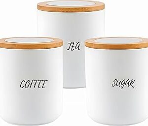 Coffee Tea Sugar Canisters, 28.7 Ounces Ceramic Canister for the Kitchen Countertop, Set of 3 Food Storage Jar with Airtight Wood Lids, Canister Sets for Kitchen Counter, Decorative Jars White