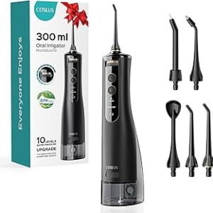 COSLUS Cordless Water Flosser & Dental Pick for Teeth, Braces, Gums Care - Advanced 10 Pressure Settings for Multiple Users, Rechargeable, Portable for Travel, BPA-Free, Black, E40(WFP14)