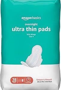 Amazon Basics Overnight Pads for Women, Ultra Thin with Flexi-Wings, Unscented, Size 4, 28 Count, 1 Pack (Previously Solimo)