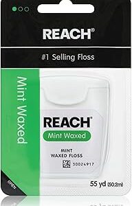 REACH Waxed Dental Floss, Mint, Plaque Remover for Teeth, Shred Resistant, Floss Slides Smoothly, Easy to Use, Waxed, Deep Cleaning Teeth, Oral Care, PFAS Free, for Adults & Kids, 1 Pack, 55 yd