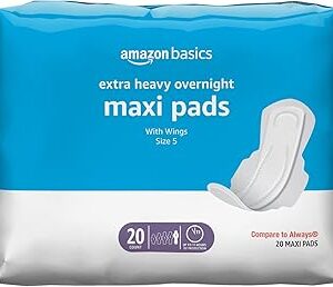 Amazon Basics Thick Maxi Pads with Wings for Periods - Extra Heavy Overnight Absorbency, Unscented, Size 5, 20 Count (Previously Solimo)