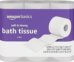 Amazon Basics Soft and Strong 2-Ply Toilet Paper, 6 Ultra Rolls = 24 Regular Rolls, Unscented, 340 Sheet (6 Rolls)