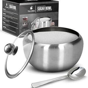 Sugar Bowl with Glass Lid and Spoon | 12oz Sugar Container for Coffee Bar | Stainless Steel Holder Jar for Salt, Tea, Candy, Sugar Cube, Brown Sugar | Kitchen Countertop Storage Accessories | 350ml
