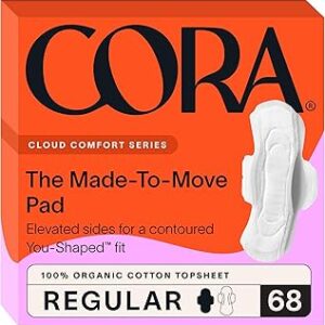 Cora Made-to-Move Regular Pads with Wings, Organic Cotton Topsheet Ultra Thin Feminine Care Pads for Women, Soft, Comfortable & Breathable Menstrual Pad, Regular Absorbency, Unscented, 68 Count