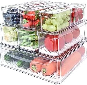 Pomeat 10 Pack Fridge Organizer, Stackable Refrigerator Bins with Lids, BPA-Free Produce Fruit Storage Containers for Fridge, Clear for Food, Drinks, Vegetable