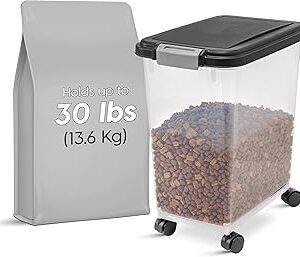 IRIS USA Airtight Dog Food Storage Container, Up to 30 lbs, Attachable Wheels, for Dog Cat Bird and other Pet Food Storage Bin, Keep Fresh, Easy Mobility, BPA Free, Black