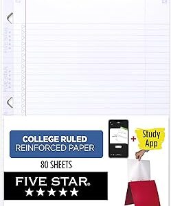 Five Star Loose Leaf Paper + Study App, College Ruled Filler Notebook Paper, Reinforced, Fights Ink Bleed, 8-1/2" x 11", 80 Sheets (170102)