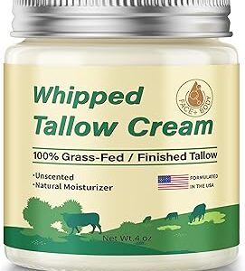 Beef Tallow for Skin, Organic Grass Fed Whipped Beef Tallow Moisturizer Deeply Nourishing for Face & Body, Natural Unscented Tallow Face Moisturizer Smooth Soft for Dry Skin, 4oz