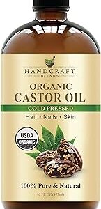 Handcraft Blends Cold-Pressed Organic Castor Oil in Glass Bottle - 16 Fl Oz - 100% Pure and Natural - Premium Grade Carrier Oil for Hair Growth, Eyelashes and Eyebrows - Hair and Body