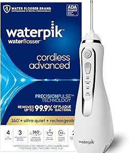 Waterpik Cordless Advanced 2.0 Water Flosser For Teeth, Gums, Braces, Dental Care With Travel Bag and 4 Tips, ADA Accepted, Rechargeable, Portable, and Waterproof, White WP-580, Packaging May Vary