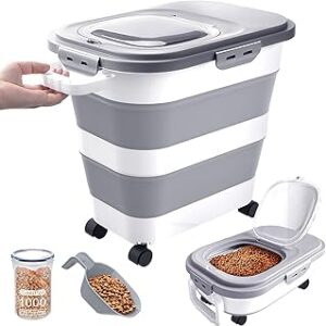 23-25 Lbs Airtight Dog Food Storage Container,Collapsible Dog Food Container with Lid,Wheels,Handle,Large Pet food storage Container with Scoop,Small Food Container for Dog Cat
