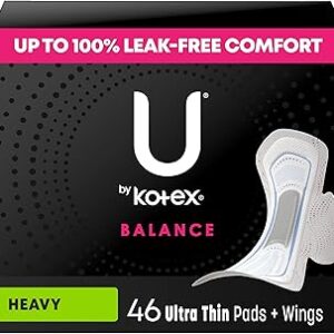 U by Kotex Balance Ultra Thin Pads with Wings, Heavy Absorbency, 46 Count (Packaging May Vary)