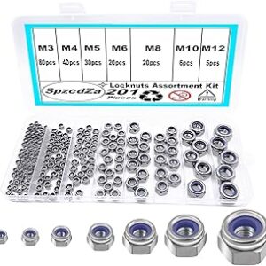 201pcs Locknuts Assortment Kit,M3 M4 M5 M6 M8 M10 M12 Metric Nylon Insert Lock Nuts Set,304 Stainless Steel Lock Nuts
