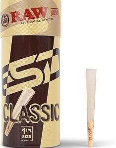 RAW Cones Classic 1-1/4 Size - 50 Pack - Slow Burning Pre Rolled Cones made of Paper with Tips & Packing Tubes Included