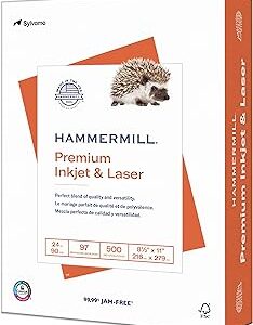 Hammermill Printer Paper, Premium Inkjet & Laser Paper 24 Lb, 8.5 x 11 - 1 Ream (500 Sheets) - 97 Bright, Made in the USA, 166140R