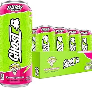 GHOST Energy Drink - 12-Pack, Warheads Sour Watermelon, 16oz - Energy & Focus & No Artificial Colors - 200mg of Natural Caffeine, L-Carnitine & Taurine - Gluten-Free & Vegan