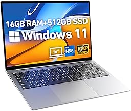 2025 Latest 16'' Full HD Laptop Computer Windows 11, 16GB RAM 512GB SSD, 12th Gen Intel N95 Processor(Max 3.4GHz), 8000mAh Battery, Backlit Keyboard, USB 3.2, Type-C, HDMI, WiFi5, BT, Webcam
