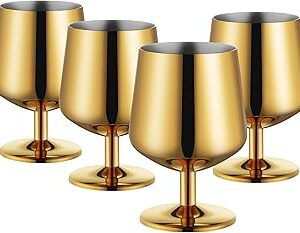 12oz Snifter Glasses Set of 4, Cognac Glasses for Men, Brandy Snifter Glasses, Stemmed Whiskey Glasses, Bourbon Snifter, 18/10 Stainless Steel, Gold, Ideal Gift For Wine Lover
