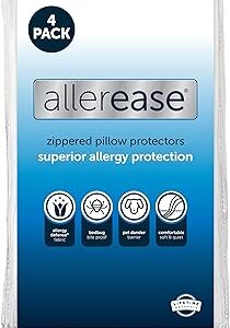Set of 4 Standard/Queen AllerEase Pillow Protectors - Moisture Wicking, Advanced Allergy Protection - Premium Polyester, Zippered Protectors