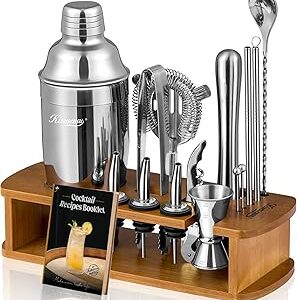 KITESSENSU Cocktail Shaker Set Bartender Kit with Stand | Bar Set Drink Mixer Set with All Essential Accessory Tools: Martini Shaker, Jigger, Strainer, Mixer Spoon, Muddler, Liquor Pourers |Silver