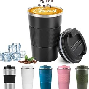 YINBAOGE Insulated Travel Coffee Mug Spill Proof Leak Proof Pobtable To Go Camping Stainless Steel Coffee Tumbler Reusable Coffee Cups with Lids Thermos for Hot and Cold Drink (Black, 12 OZ)