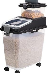 Mighty Tuff 3 Piece Airtight Dog Food Storage Container, Up to 36 lbs, with 5 lbs Dog Treat Container and Portion Scoop – BPA Free Airtight Pet Food Bin on Wheels