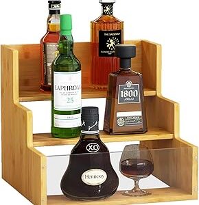 Liquor Bottle Display Shelf Bar Shelves - Bamboo 12 Bottle Syrup Rack for Coffee Bar, Wine Bottle, Spices, Liquor and Whiskey Bottle Display