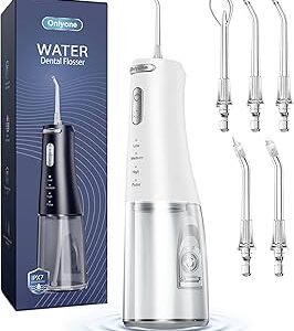 Onlyone Water Dental Flosser, 300ML Portable Oral Irrigator for Teeth, 4 Modes and 5 Jet Tips,Rechargeable Irrigation Cleaner,Electric Flossing Machine Power Flossers & Irrigator Accessories White
