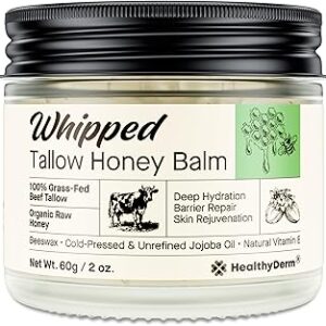 Beef Tallow Honey Balm for Skin: 100% Grass Fed Whipped Organic Moisturizer with Organic Raw Honey, Jojoba Oil, Vitamin E – Natural Face and Body Care for Mature, Dry or Sensitive Skin, 2oz