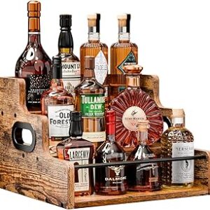 KLM Liquor Bottle Display Shelf, Coffee Syrup Rack Organizer, 3 Step Countertop Wine Rack, Mini Bar, Retro Bar Shelf Stand for Whiskey, Spirits