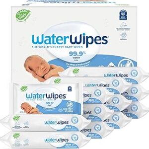 WaterWipes Plastic-Free Original Baby Wipes, 99.9% Water Based Wipes, Unscented & Hypoallergenic for Sensitive Skin, 60 Count (Pack of 12), Packaging May Vary