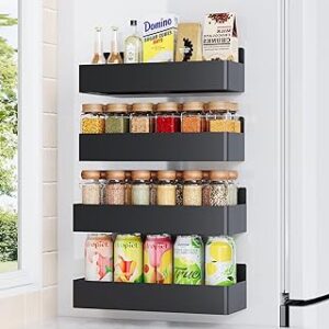 Magnetic Spice Rack for Refrigerator, Kitchen Organizer and Storage Shelf, Black (4 Pack)…