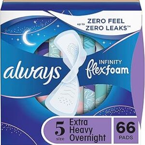 Always Infinity Feminine Pads for Women, Flexfoam Pads with Wings, Size 5, Extra Heavy Overnight Absorbency, Unscented, 66 Count (Packaging May Vary)