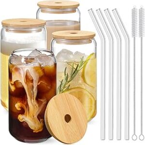 Drinking Glasses with Bamboo Lids and Glass Straw 4pcs Set - 16oz Glass Cups, Iced Coffee Glasses, Cute iced Tea Glasses, Beer Glasses, Ideal for Coffee Bar Accessories, Aesthetic Gift - 2 Brushes