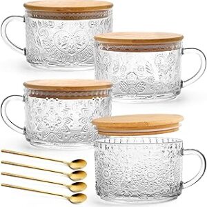 YORY 4-Pack Vintage Glass Mugs with Bamboo lids and Spoons Coffee Tea Cups Gifts for Women Overnight Oats Containers 14oz,