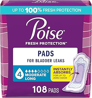 Poise Incontinence & Postpartum Pads for Bladder Leaks, 4 Drop Moderate Absorbency, Long Length, 108 Count, Packaging May Vary