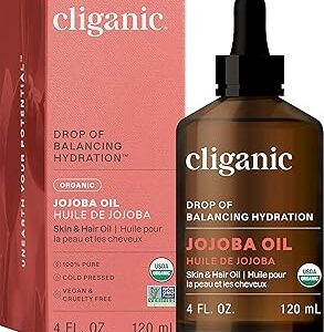 Cliganic Organic Jojoba Oil, 100% Pure (4oz) | Moisturizing for Face, Hair, Skin & Nails | Natural Cold Pressed Hexane Free | Base Carrier Oil (Packaging May Vary)