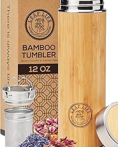 LeafLife Premium Bamboo Tea Bottle for Loose Tea - Tea Infuser Bottle - Tea Gifts - Insulated Water Bottle/Coffee Tumbler/Tea - Tea Gift Set, Tea Accessories - Tea Tumbler 12oz