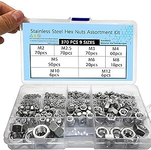 Beduan 370PCS Stainless Hex Nuts Assortment Kit Hardware Nuts Assorted Set for Screw Bolt Metric M2 M2.5 M3 M4 M5 M6 M8 M10 M12