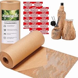 Neworld Honeycomb Packing Paper,12" x 200' Eco Friendly Packing Paper Alternative to Bubble Cushioning Wrap for Moving Shipping Packing, Recyclable Moving Supplies Bubble Packing Wrap Protective Roll
