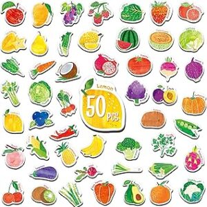 50 PCS Fruit & Vegetable Magnets, Adorable Magnetic Fruits Veggies Thick Fridge Magnets Cute Educational Learning Toys for Toddles Kids 1-2